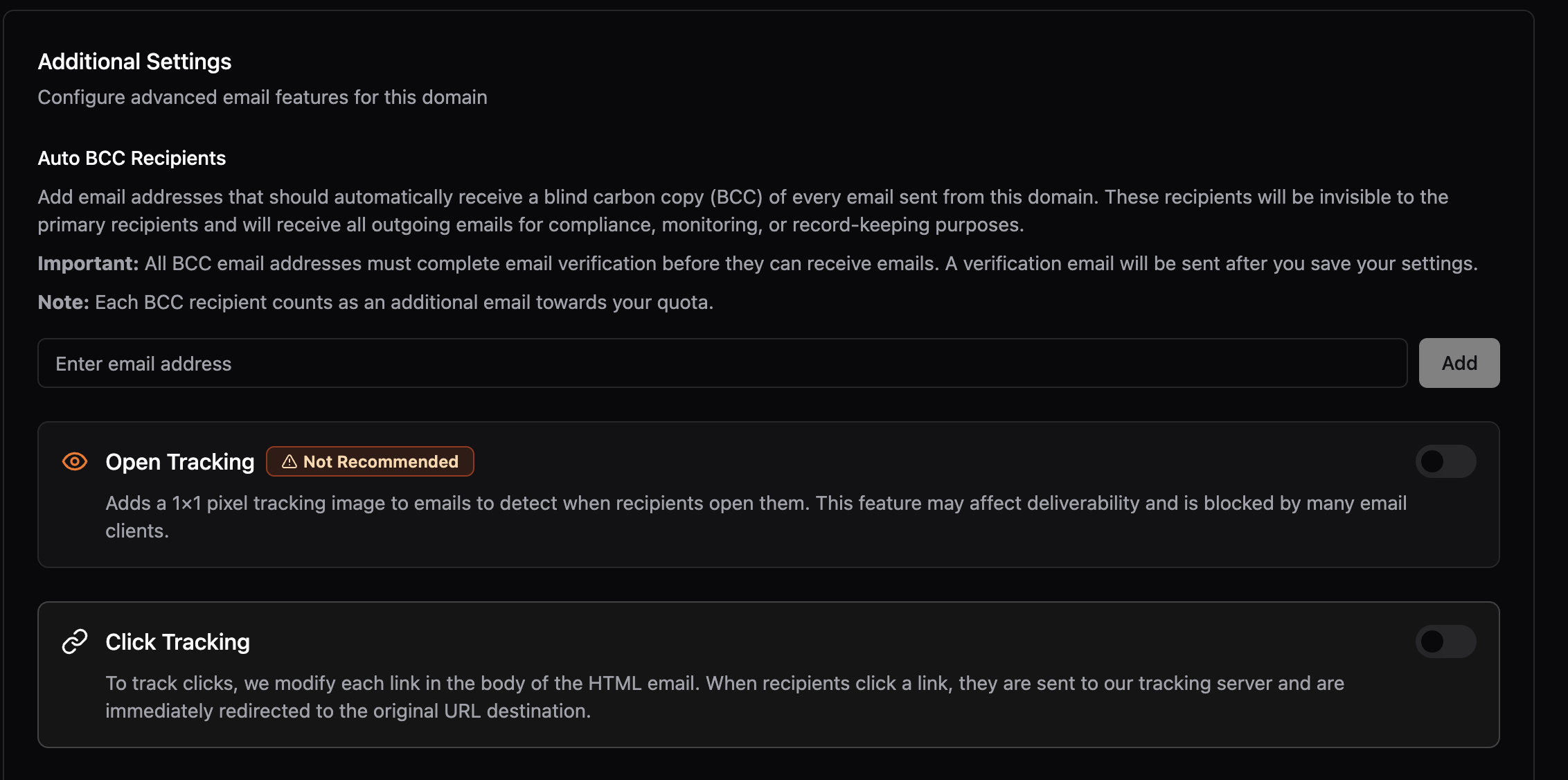JetEmail domain settings showing BCC, open tracking, and click tracking configuration options